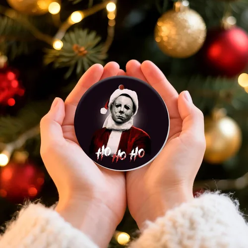 Vista 4 de Adornos Colgantes de Navidad Ho-Ho-Ho de 2 Lados Impresos 2025, Regalos de Terror de Navidad para Amantes de las Películas, Adorno de Cerámica