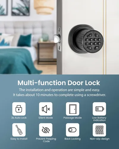 Vista 2 de Pomo de puerta inteligente con teclado, cerradura electrónica de puerta de entrada sin llave, bloqueo automático 3S, mango antideslizante