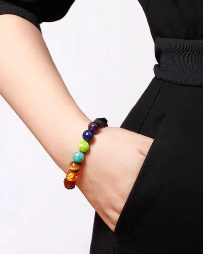 Vista 4 de XHUUU Pulsera de 7 chakras con estatua de calavera para mujeres y hombres, obsidiana negra, corte estrella, cristales reales y piedras curativas
