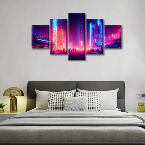 Vista 232 de Cuadros de 5 paneles de Cyberpunk City, arte de pared, representación de vallas publicitarias, edificios modernos en la capital con obras de arte