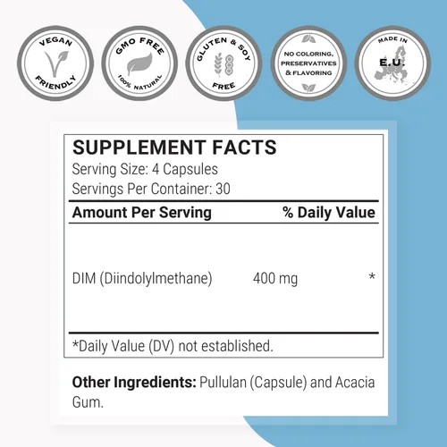 Vista 4 de Supersmart - Suplemento DIM de 400 mg por día (diindolilmetano) - Equilibrio natural para hombres y mujeres Sin OMG y sin gluten - 120 cápsulas