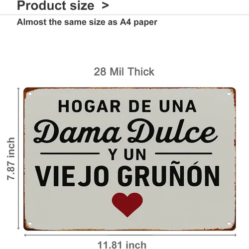 Vista 2 de Letrero de metal con texto en inglés «Hogar De Una Dama Y De Un Grunon», vintage, divertido, retro, cocina, dormitorio, sala de estar, 8 x 12