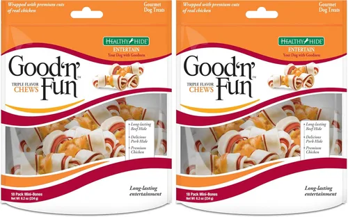 Vista 8 de Good 'N' Fun Mini masticables de cuero crudo de triple sabor, 7 unidades Real Protein, Premium Chicken, Pork and Beef Hide Chew, Supports Dental