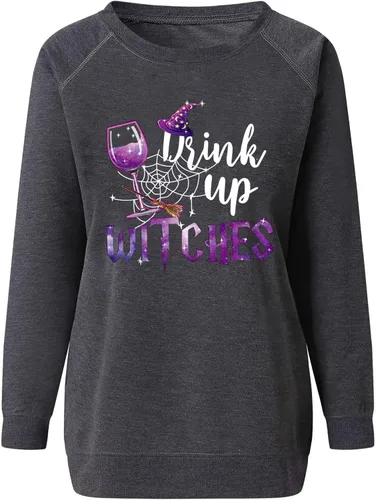 Vista 3 de symoid Drink Up Witches Sudaderas para mujer con estampado de telaraña gótica, camisas de Halloween de manga larga sueltas retro