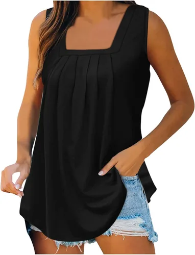Vista 2 de STYESH Camiseta sin mangas plisada con encaje frontal para mujer, cuello redondo, sin mangas, blusa sin botones