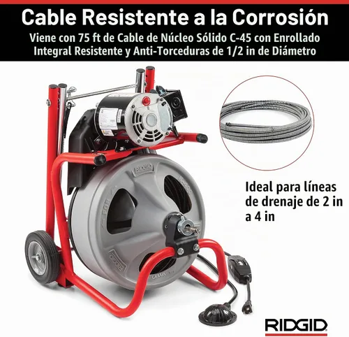 Vista 7 de RIDGID 26998 Modelo K-400 Kit de Máquina de Tambor de Limpieza de Drenaje de 120 Voltios con Cable C-45IW de 1/2" x 75', Blanco, Negro, Rojo