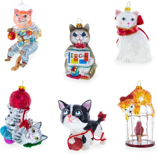Vista 5 de Gato blanco con bufanda roja adorno navideño de cristal Hand Painted, Ready to Hang, Gift Tagged