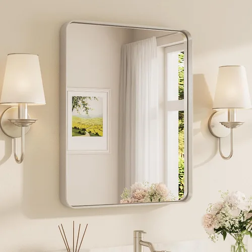 Vista 38 de Espejo de marco dorado cepillado de 16 x 24 pulgadas, espejo de tocador de baño de latón dorado para pared, espejo enmarcado rectangular de esquina