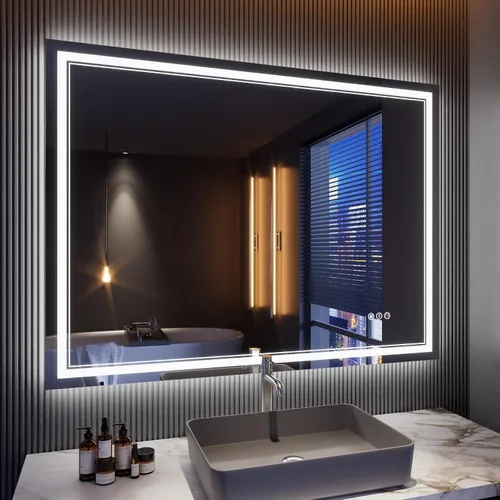Vista 11 de Espejo de baño LED de 24 x 28 pulgadas, luz frontal y retroiluminada, antiniebla, regulable, espejo de tocador iluminado con memoria, espejo LED