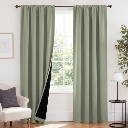 Vista 111 de NICETOWN Biscotti Beige 100% Cortinas opacas de 45" de largo para cocina, bolsillo con varilla para sótano completamente opaco, cortinas térmicas
