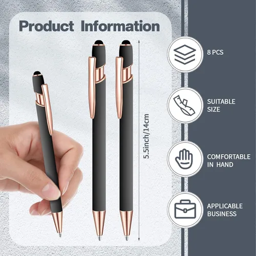 Vista 2 de 8 Pieces Ballpoint Pen with Stylus Tip Black Ink 2 in 1 Stylus Metal 1.0 mm Medium Point Smooth Pen Rainbow Colorful Rubberized Ballpoint for Touch