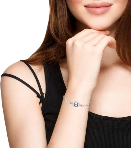 Vista 3 de Pulsera contra el mal de ojo para mujer, de plata de ley griega, turca, azul, pulsera ajustable con protección de buena suerte, joyería de oro