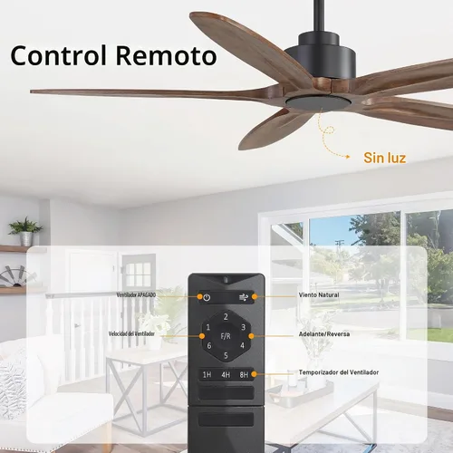 Vista 7 de WINGBO Ventilador de techo de 54 pulgadas sin luz, 5 aspas de madera maciza tallada, motor CC reversible de 6 velocidades, ventilador de techo