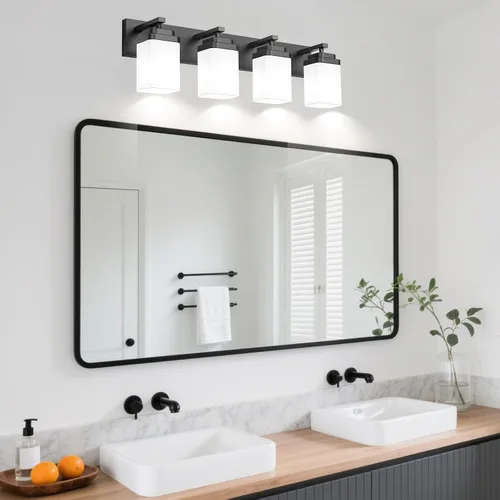 Vista 7 de Lámparas de baño de oro cepillado, 4 luces de baño sobre el espejo, diseño cuadrado y placa trasera grande rectangular, accesorios de iluminación