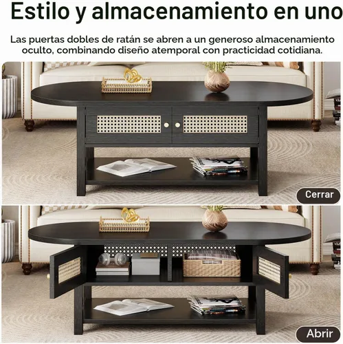 Vista 7 de LVB - Mesa auxiliar ovalada de 47 pulgadas, de madera de ratán bohemio con almacenamiento