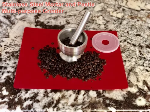 Vista 6 de Juego de mortero y mortero, molinillo y trituradora de acero inoxidable con tapa de silicona, excelente como trituradora de píldoras, molinillo