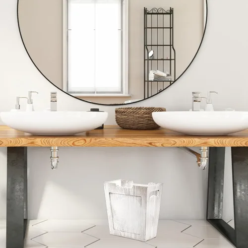 Vista 6 de TOPZEA Basurero de madera, papelera de granja con asa, cesta de basura de madera rústica, rectangular, pequeño, decorativo, contenedor de basura