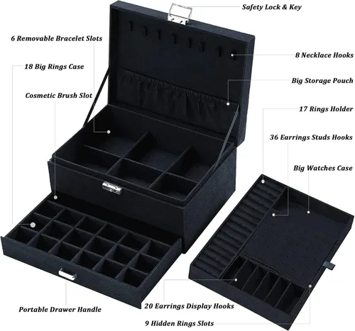 Vista 4 de QBestry Caja organizadora de joyas para mujeres y hombres caja de joyería de terciopelo negro de 3 capas grande de almacenamiento de joyas