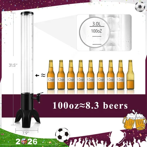 Vista 5 de Torre de bebidas, dispensador de torre de mimosa de 3 litros con tubo de hielo y luz LED, dispensador de cerveza de mesa de 3.17 cuartos de galón