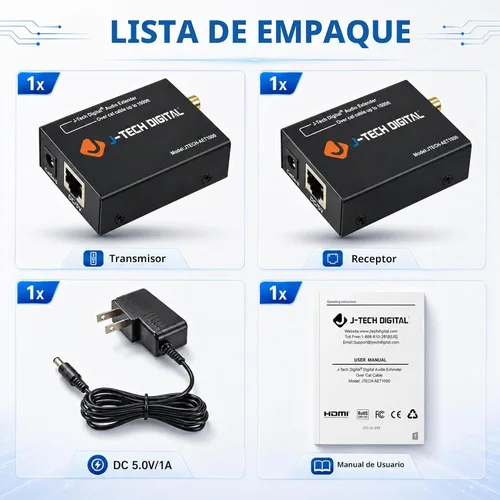 Vista 7 de J-Tech Digital Convertidor extensor de audio digital para audio óptico/coaxial a través de un solo cable Cat5e/6 (PoC) hasta 990' (984.3 ft)