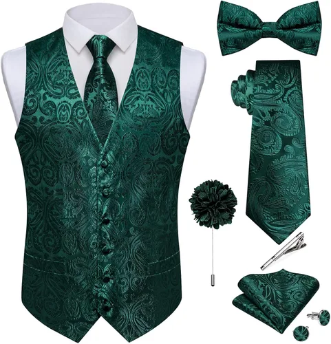 Vista 15 de DiBanGu Conjunto de chaleco de traje de cachemira y corbata preatada para Dorado y Negro
