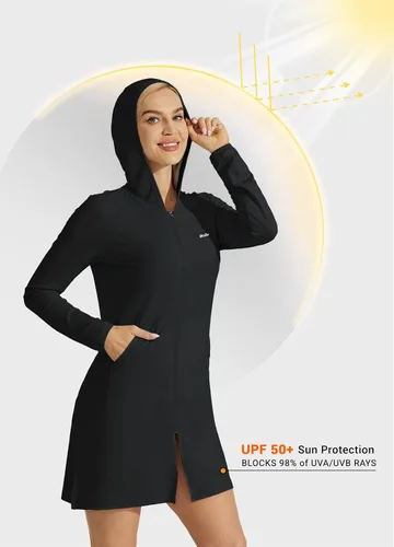 Vista 2 de Willit Chaqueta larga con capucha y protección solar UPF 50+ para mujer, ligera