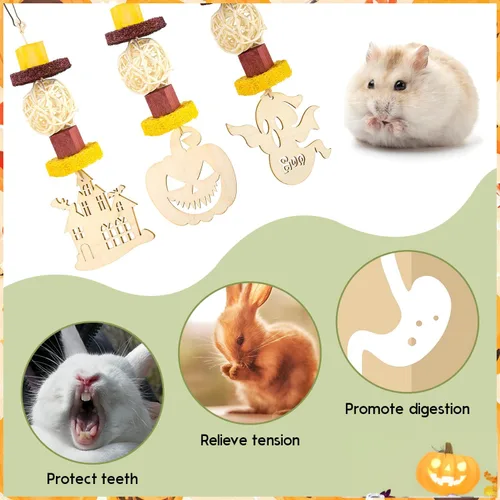 Vista 4 de Abizoo Juguetes masticables de conejillo de indias de Halloween, 3 piezas de juguetes de conejo, conejito de hámster, golosinas de madera para ratas