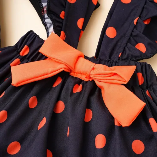 Vista 6 de Traje de Halloween para bebé recién nacido, con letras divertidas, mameluco de calabaza, con volantes, lunares, con tirantes, diadema