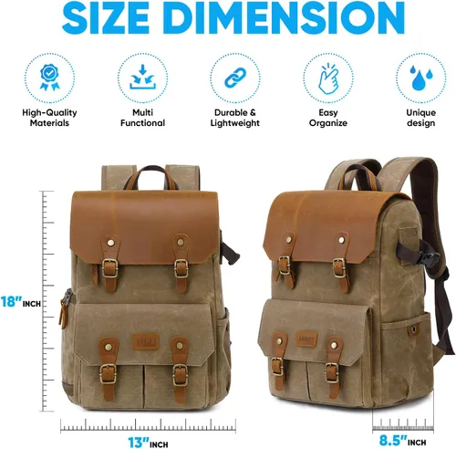 Vista 6 de JAEP Mochila para cámara - Tela de memoria encerada resistente al clima de 16 onzas – Mochilas para DSLR SLR con compartimento para portátil de Caqui