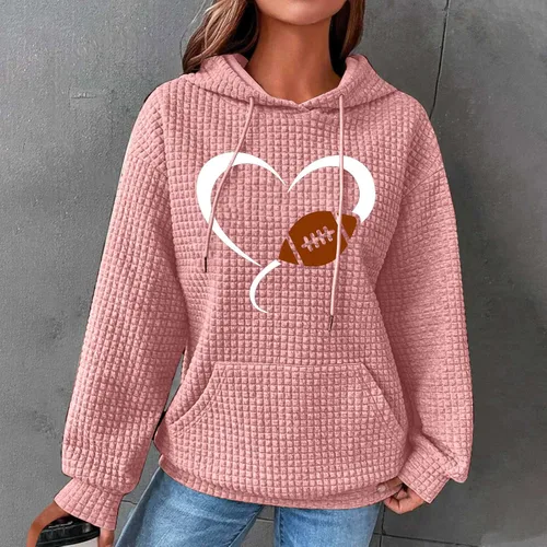 Vista 2 de Sudaderas con capucha de fútbol para mujer, manga larga, con estampado de corazón, con cordón ajustable, ropa de otoño informal y a la moda