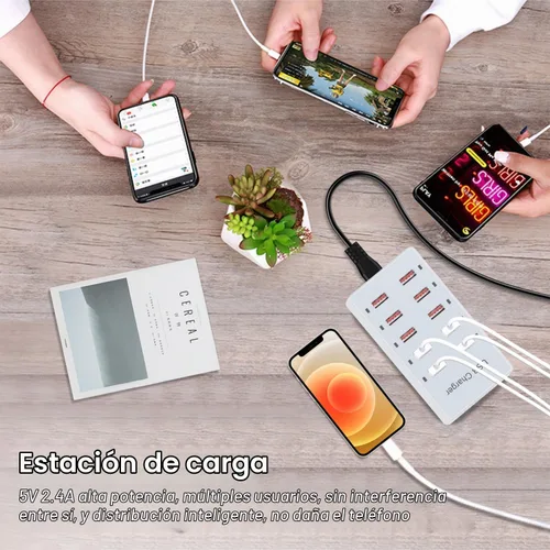 Vista 5 de Cargador USB de 10 puertos estación de carga para múltiples dispositivos, cargador de pared USB, tira de concentrador de alimentación, enchufe