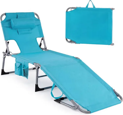 Vista 10 de Tangkula Silla de bronceado con agujero frontal, plegable y ajustable para patio, silla reclinable, para playa, tomar el sol, con bolsillo lateral