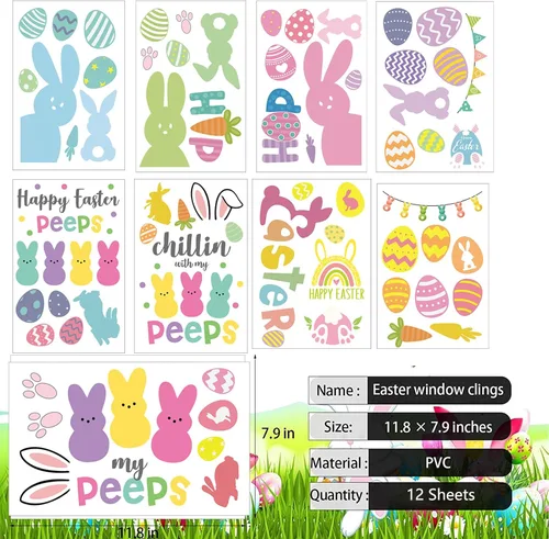 Vista 4 de Decoraciones de conejito para ventana, 9 hojas reutilizables estáticas para ventana, huevos de conejo de Pascua, calcomanías de doble cara