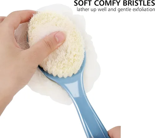 Vista 4 de Cepillo corporal de ducha con cerdas y esponja de esponja de malla, mango curvado Long Handle Bath Brush with Mesh Sponge for Skin