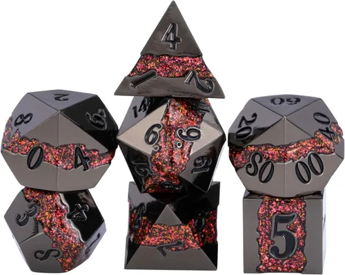 Vista 17 de Dados poliédricos DND de metal, juego de dados metálicos con purpurina a rayas grandes, juego de 7 dados plateados antiguos para juegos de rol