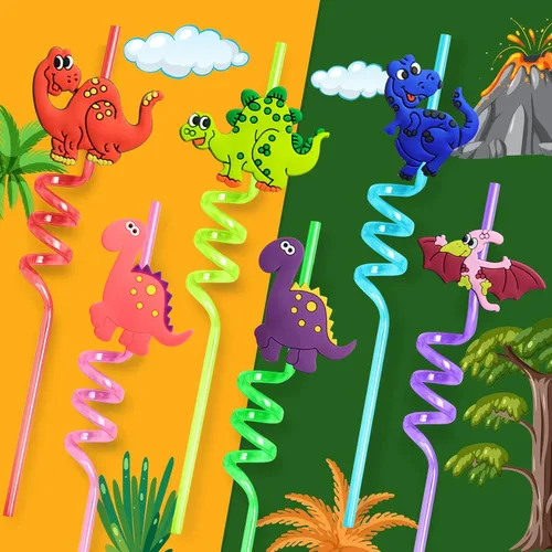 Vista 2 de 24 pajitas de plástico reutilizables de dinosaurio + 6 tatuajes temporales de dinosaurios para niños y niñas Suministros de fiesta de cumpleaños
