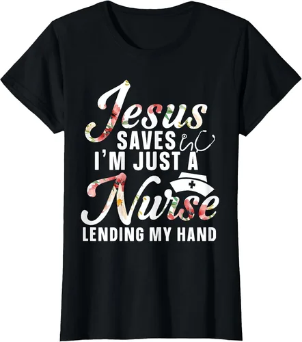 Vista 29 de Jesus Saves I'm Just A Nurse Lending My Hand RN Christian T-Shirt Asphalt Grey