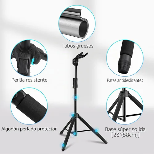 Vista 3 de GUITTO Soporte para guitarra - Bloqueo automático resistente, ajustable y plegable para acústica/eléctrica/bajo (capacidad de 15 kg), base