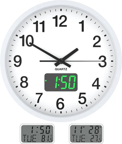 Vista 8 de Reloj de pared, con pantalla digital LED, silencioso sin tictac, de cuarzo de 12 pulgadas, funciona con pilas, reloj de pared analógico redondo Caja