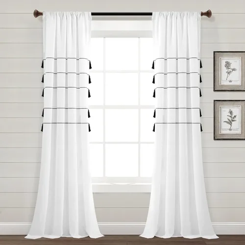 Vista 9 de Lush Decor Cortinas de ventana de mezcla de algodón teñido con borlas, estilo bohemio, estilo bohemio, a rayas, 42 pulgadas de ancho x 84 pulgadas