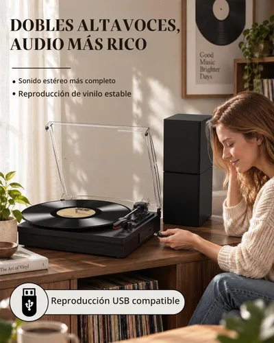Vista 6 de Reproductor de discos de vinilo con dos altavoces estéreo, tocadiscos con reproducción Bluetooth de 3 velocidades, entrada AUX para auriculares