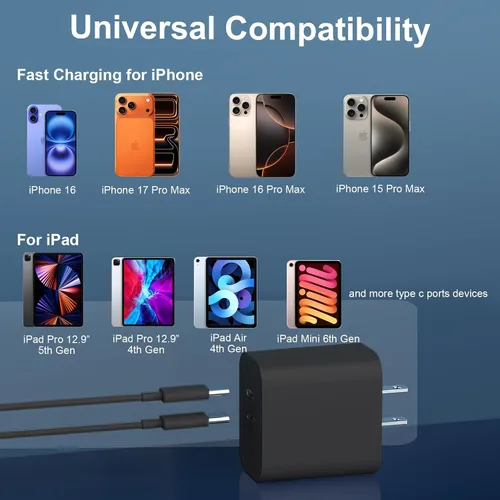 Vista 5 de Cargador para teléfono 15/16/17 Pro Max de carga rápida, bloque de carga USB C de doble puerto de 20 W con cable de carga USB C a C de 6.6 pies