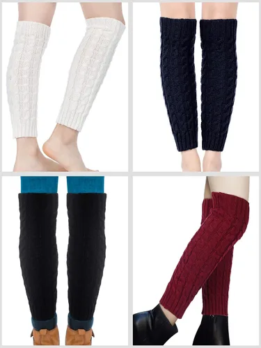 Vista 5 de Geyoga 4 pares de calentadores de piernas para mujeres y niñas, calentadores de piernas largas de invierno de punto trenzado para botas de ganchillo