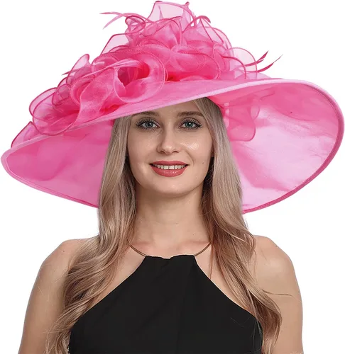 Vista 5 de Sombrero del Derby de Kentucky 2025 para mujeres y damas, tocado de plumas de velo de organza para fiesta de té, iglesia, protección UV, sombrero