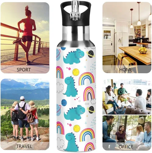 Vista 5 de Stainless Steel Vacuum Insulated Water Bottle 32 Oz, BPA-Free Sports Water Bottle with Straw for Gym Outdoor Travel School, Cute Dinosaurs Rainbows
