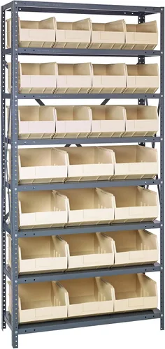 Vista 424 de Quantum QSBU-245BK Heavy Duty Shelving Unit with (7) Shelves and (24) QUS245 Black Bins for Garage Warehouse Storage Distribution 400 lb Load