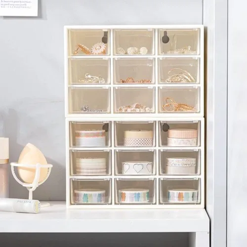 Vista 5 de Mini organizador de almacenamiento de plástico y bonitas calcomanías, mini organizador de cajones con 9 fundas de manualidades, organizador