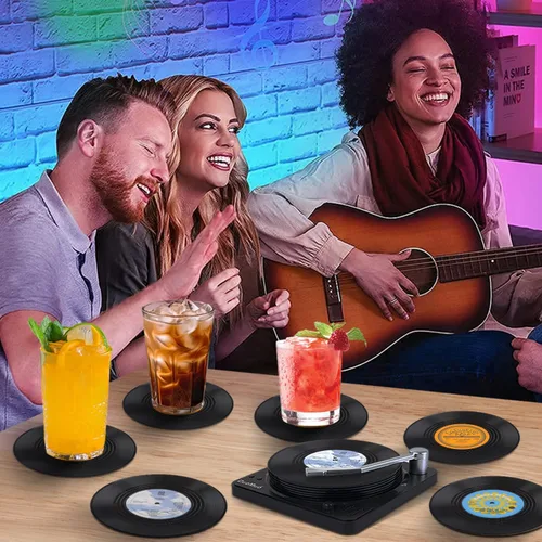 Vista 5 de Divertidos posavasos retro para bebidas con soporte para reproductor de vinilo, juego de 6 posavasos de elefante blanco para amantes de la música