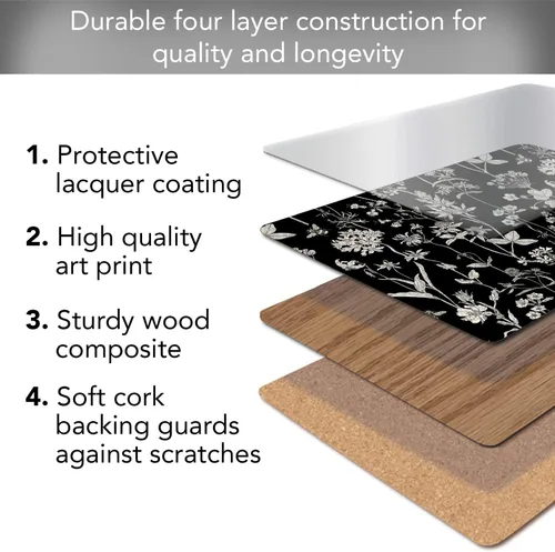 Vista 3 de Manteles Individuales Decorativos Premium de Tablero Duro para Mesa Jardín de Medianoche Negro y Blanco Paquete de 4 Fabricado en los Estados Unidos