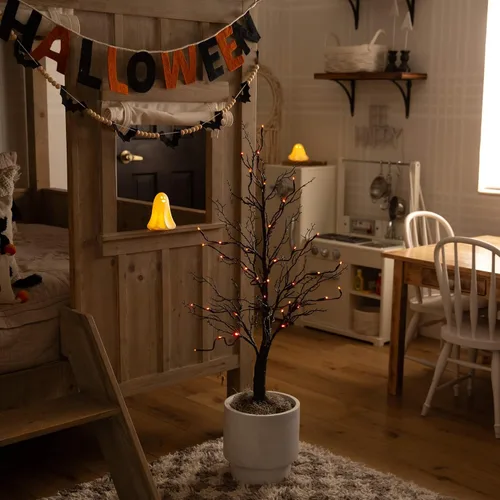 Vista 13 de Nearly Natural Árbol artificial de ramita negra de lujo preiluminado de 3 pies con 36 luces LED naranjas y moradas